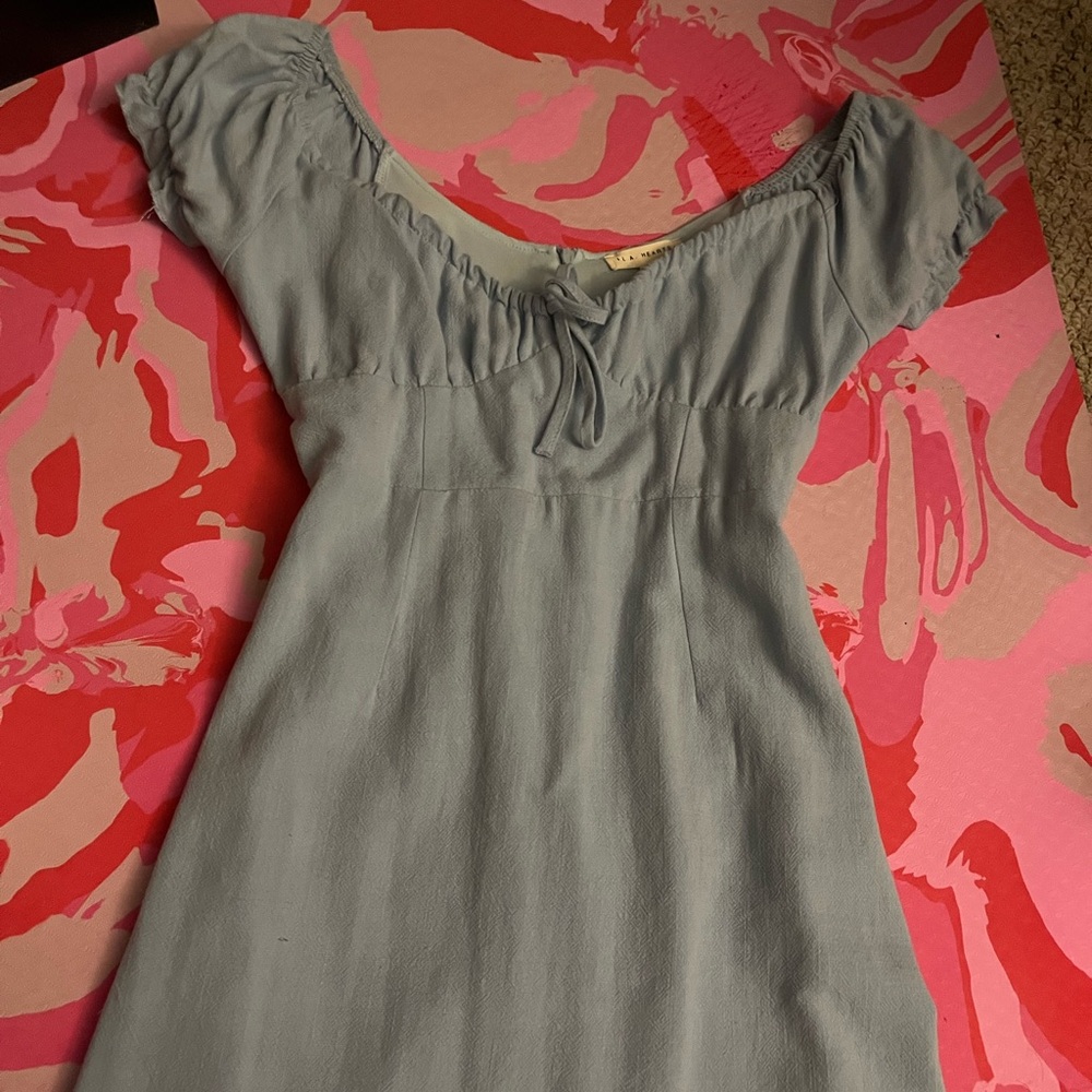 La Hearts Orange and Pink Ruched Sundress with Puff Cap Sleeves